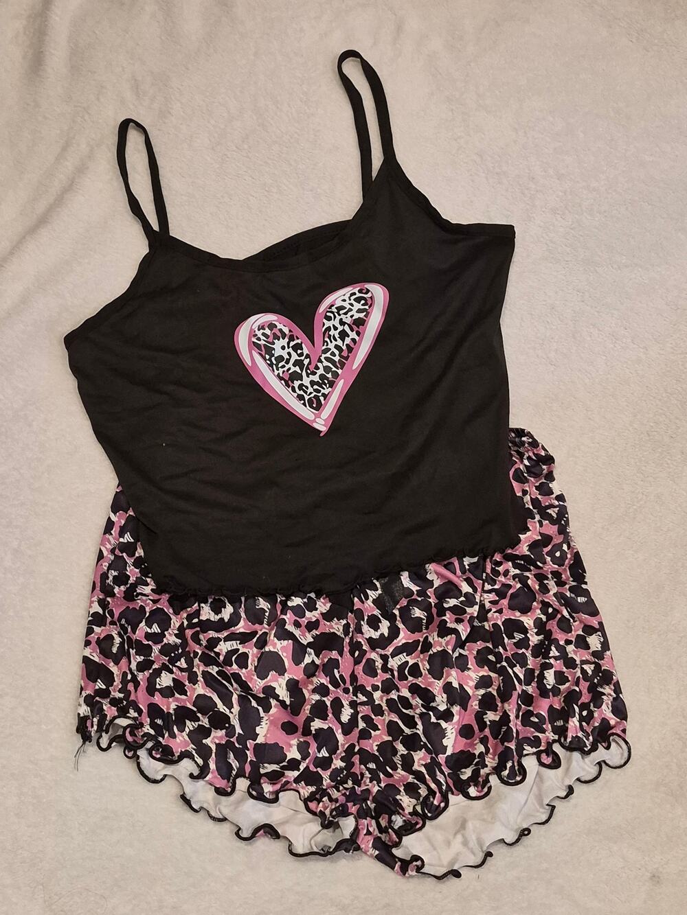 Women's 2-Piece Leopard Print Heart Pajama Set – Black/Purple - Large